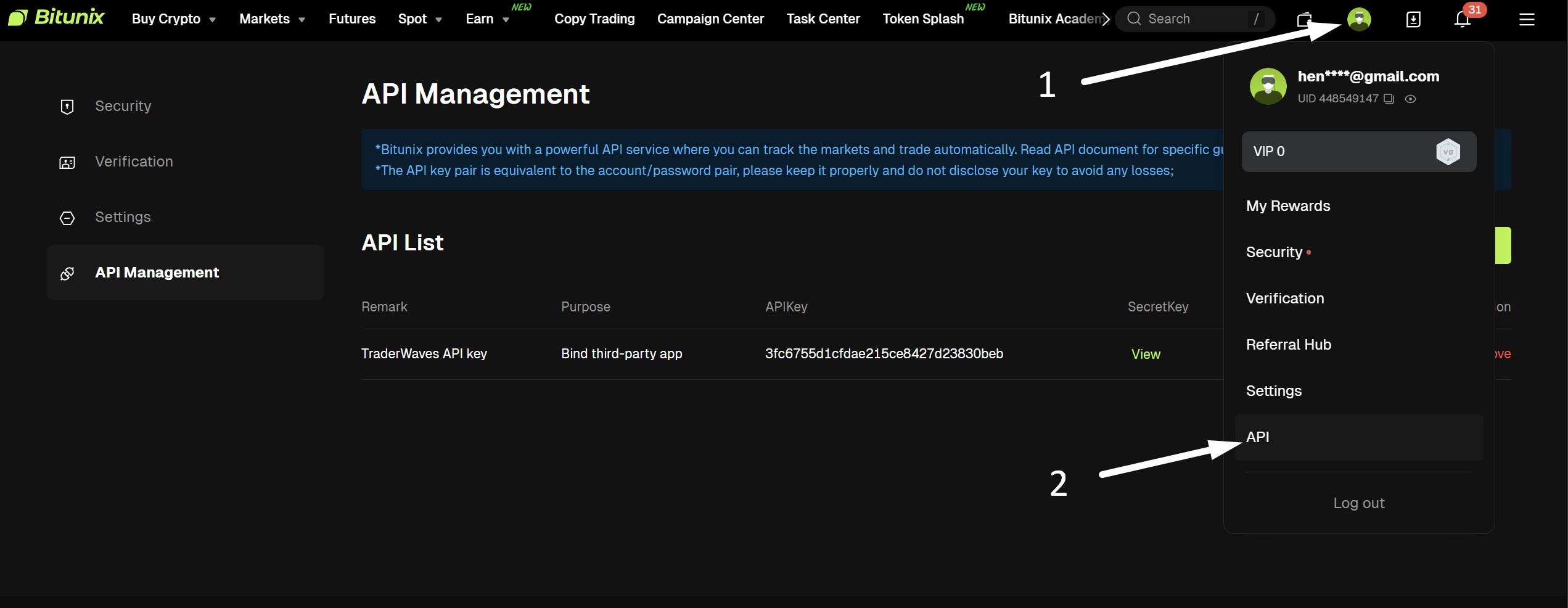 Bitunix API Management navigation - showing how to access API settings from the profile dropdown